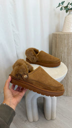 Faux Fur Strap Mule - CHESTNUT