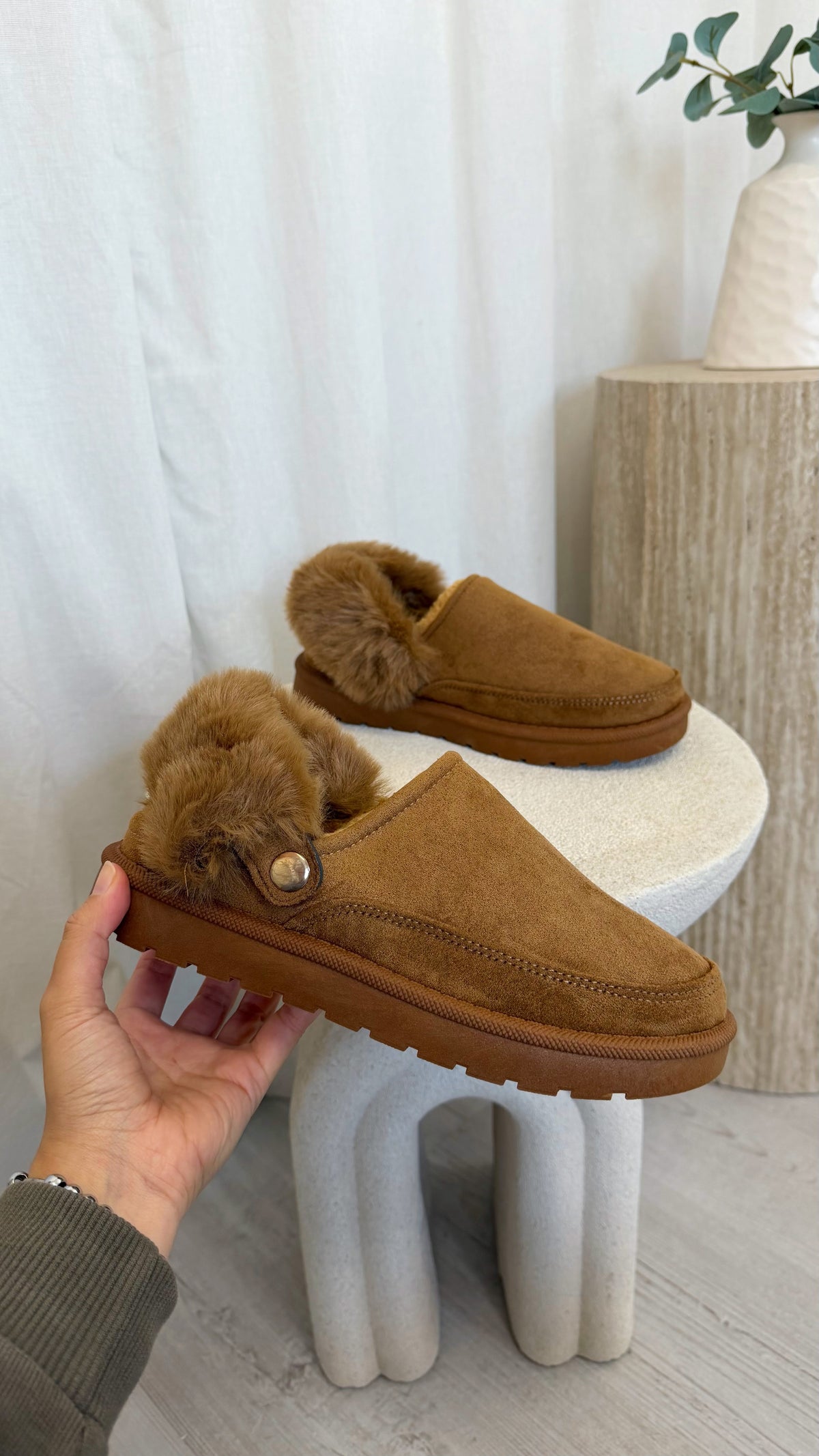 Faux Fur Strap Mule - CHESTNUT