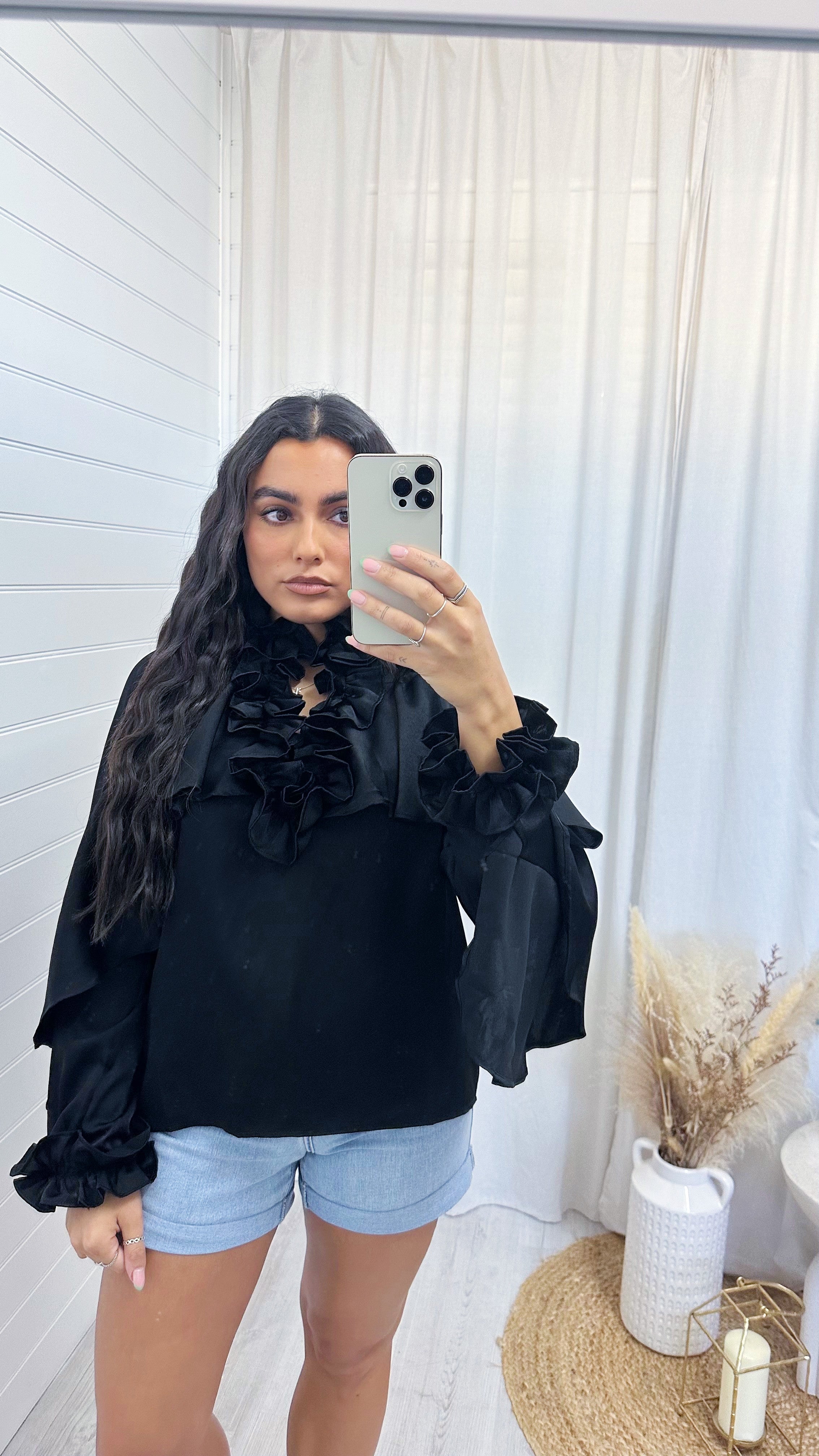 Ruffle High Neck Blouse - BLACK
