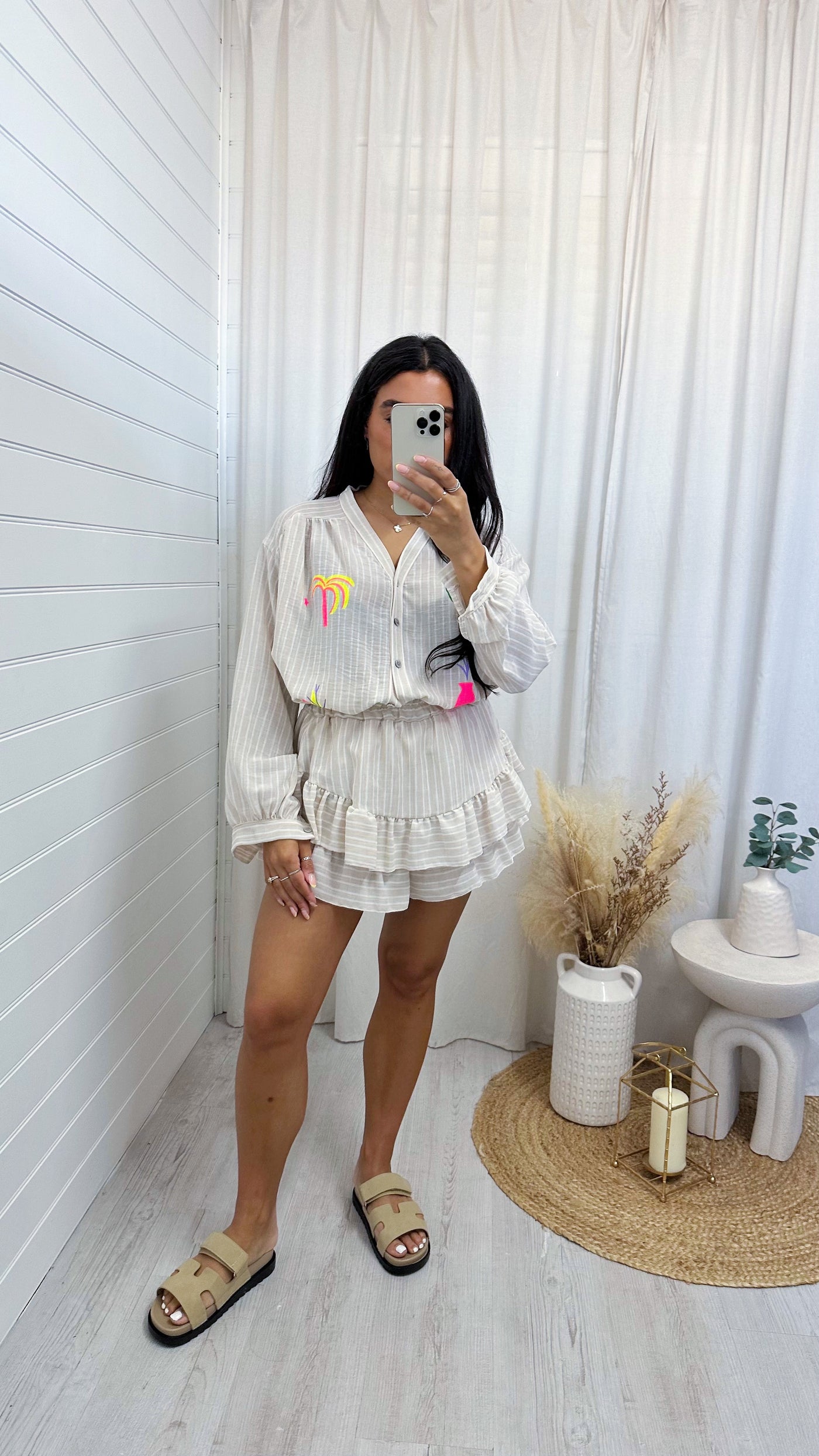 Neon Print Pinstripe Shirt and Frill Skort Co-Ord - BEIGE