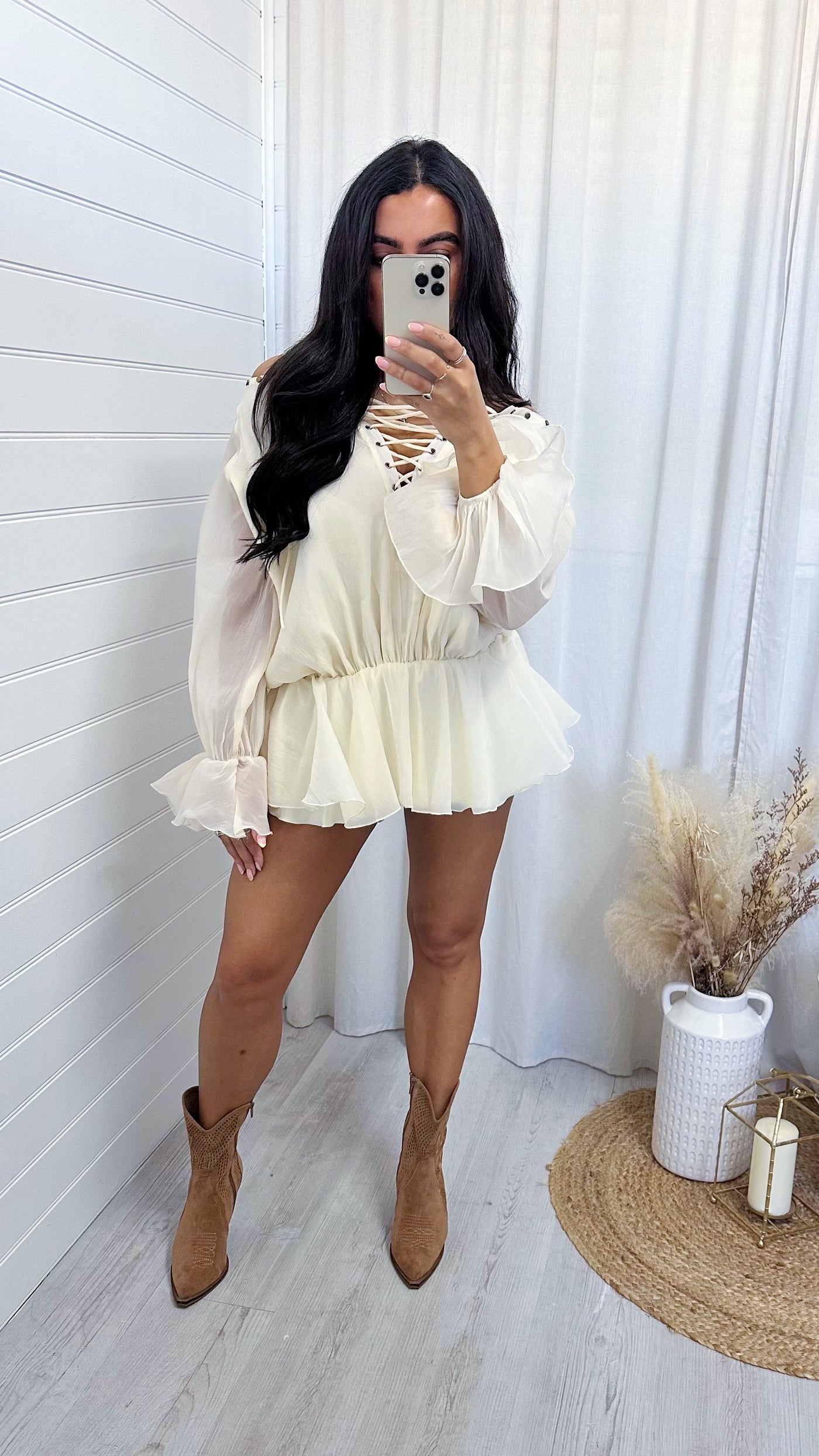 Chiffon Lace Up Peplum Top - BEIGE
