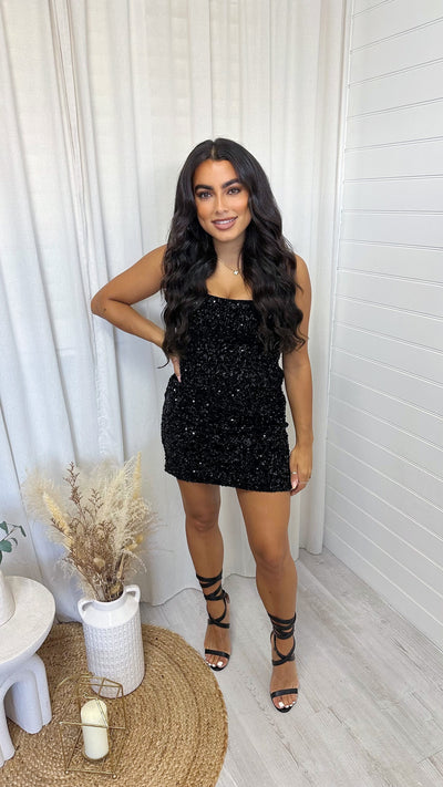 Lace Back Velvet Sequin Square Neck Dress - BLACK