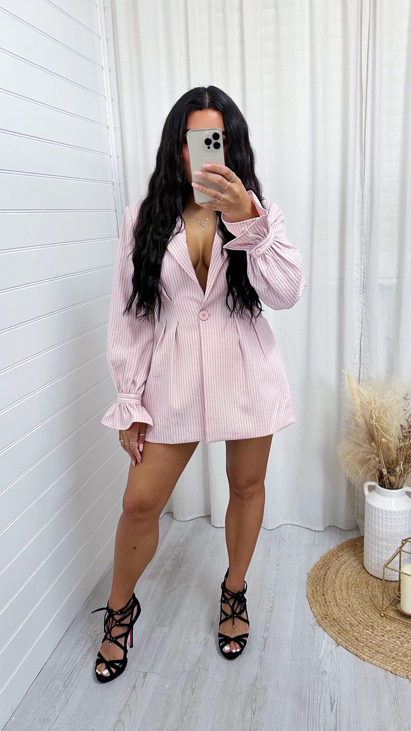 Pinstripe Cinched Waist Blazer - PINK