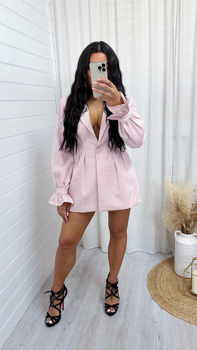 Pinstripe Cinched Waist Blazer - PINK