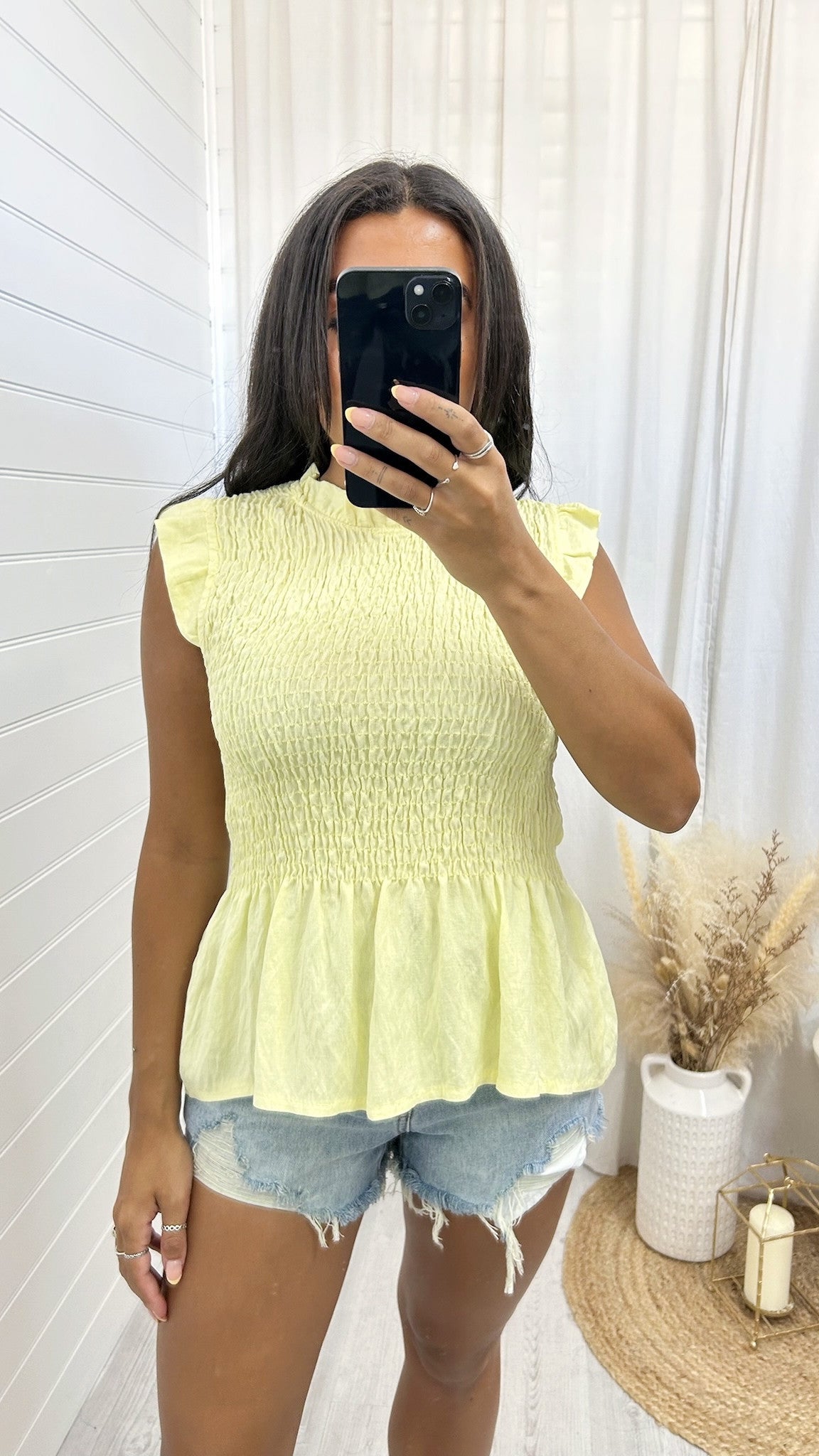 Shirred Peplum Vest Top - LEMON