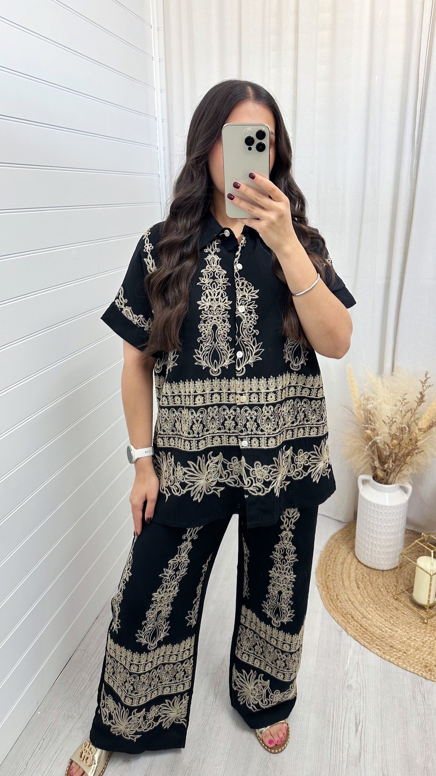 Gold Sparkle Embroidered Shirt and Trousers Co-Ord - BLACK