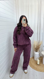 Distressed Cross Hoodie and Joggers Tracksuit - ACID WASH WINE