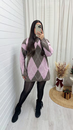 Argyle Woollen Jumper Dress - BABY PINK/MOCHA