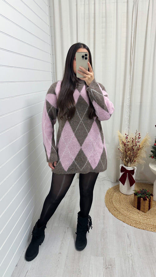 Argyle Woollen Jumper Dress - BABY PINK/MOCHA