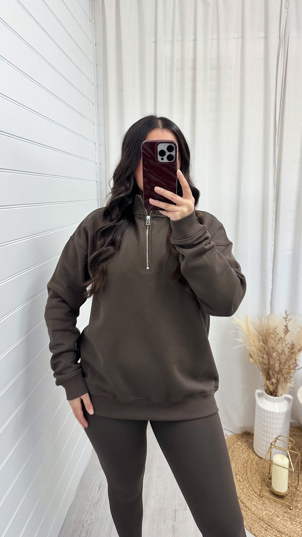 Plain Fleece Lined Half Zip Sweatshirt - BROWN
