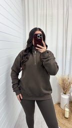 Plain Fleece Lined Half Zip Sweatshirt - BROWN