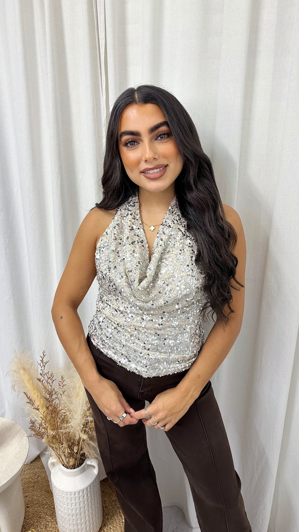 Halter Neck Sequin Embellished Top - CREAM