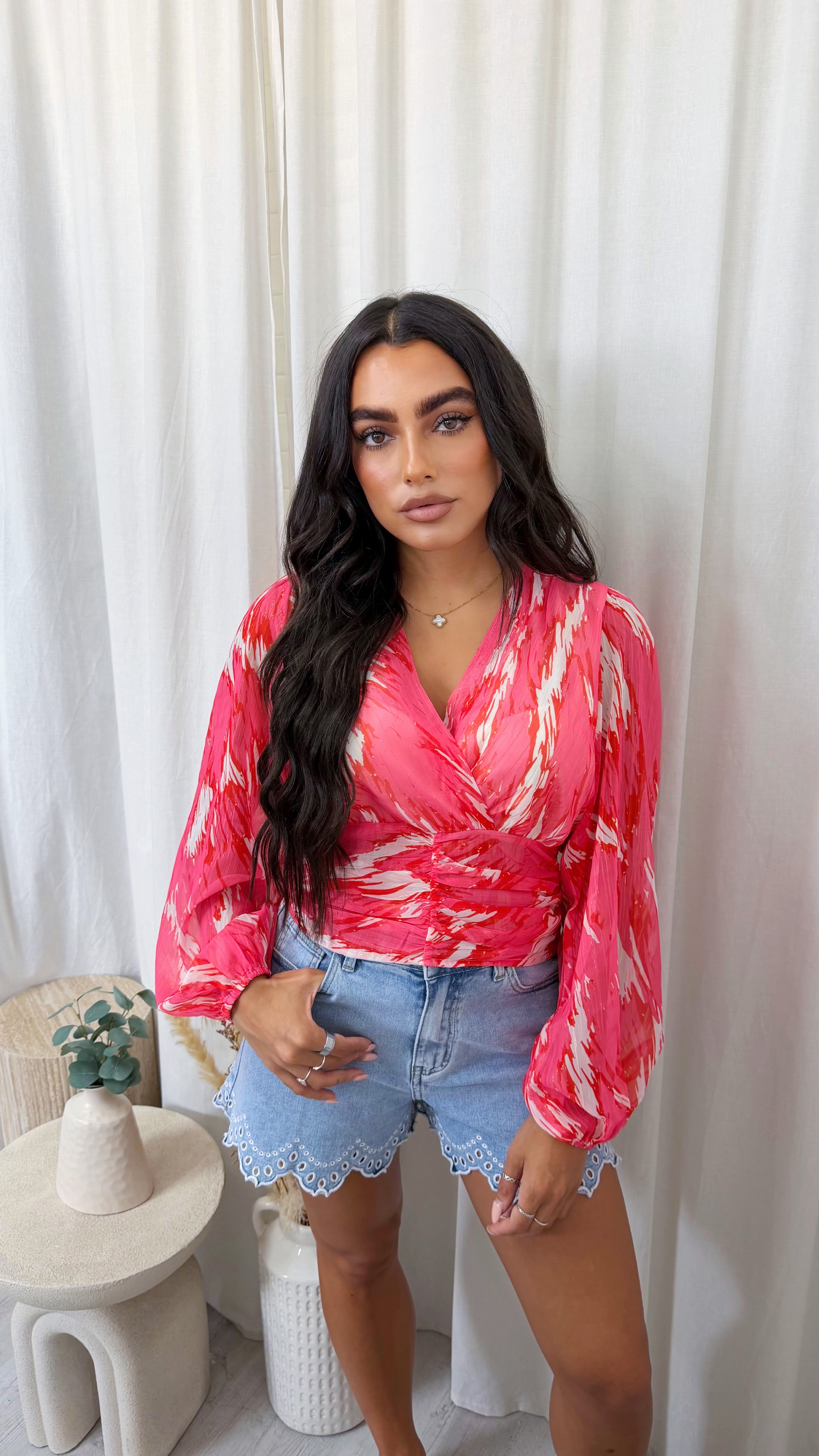 Paint Stroke Palm Print Wrap Over Crop Blouse - PINK