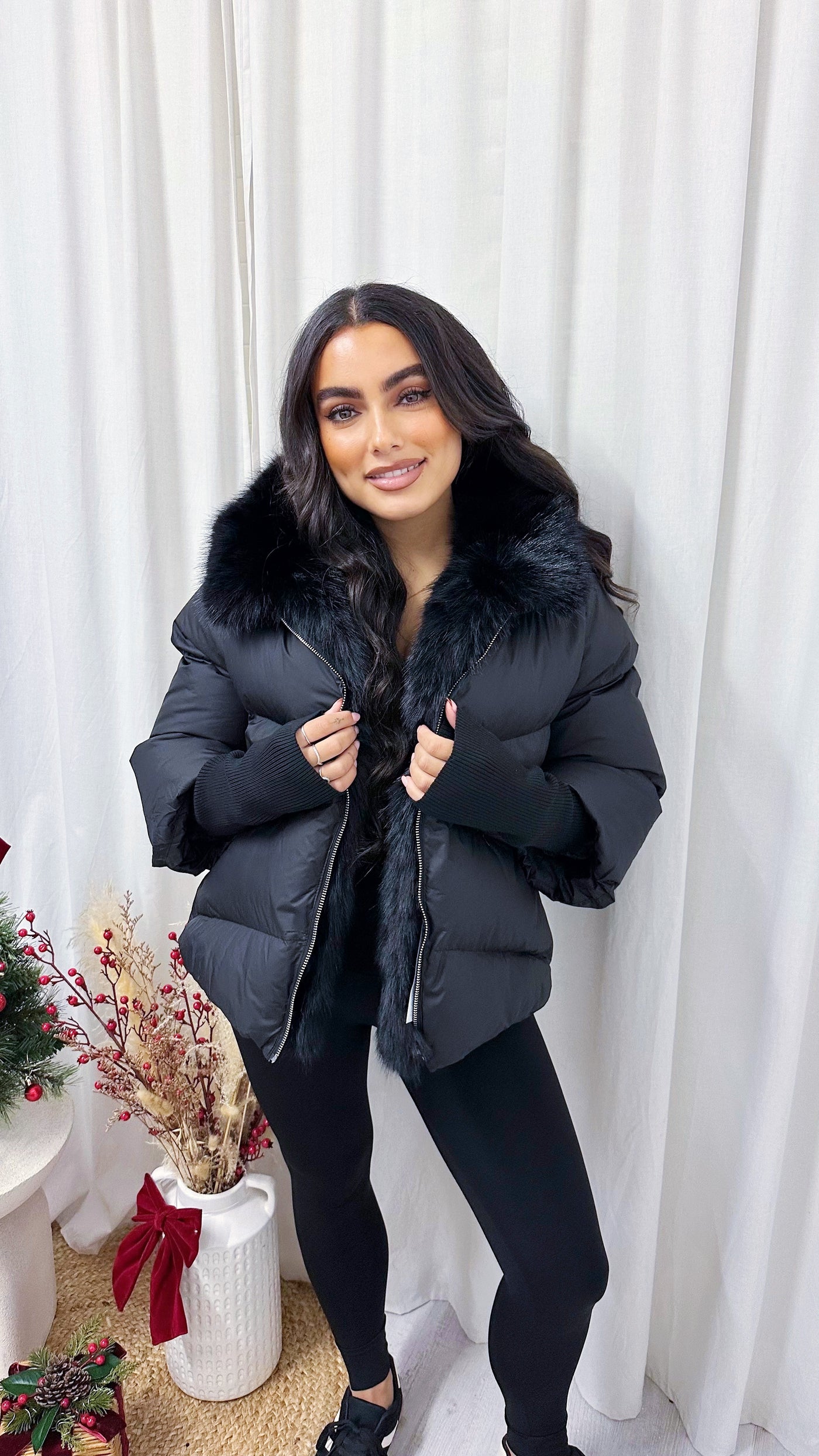 Fur Trim Hooded Puffer Coat - BLACK