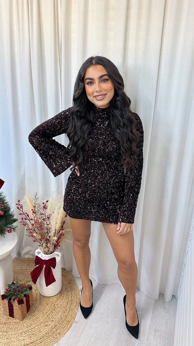 Velvet Sequin Bell Sleeve Dress - BROWN
