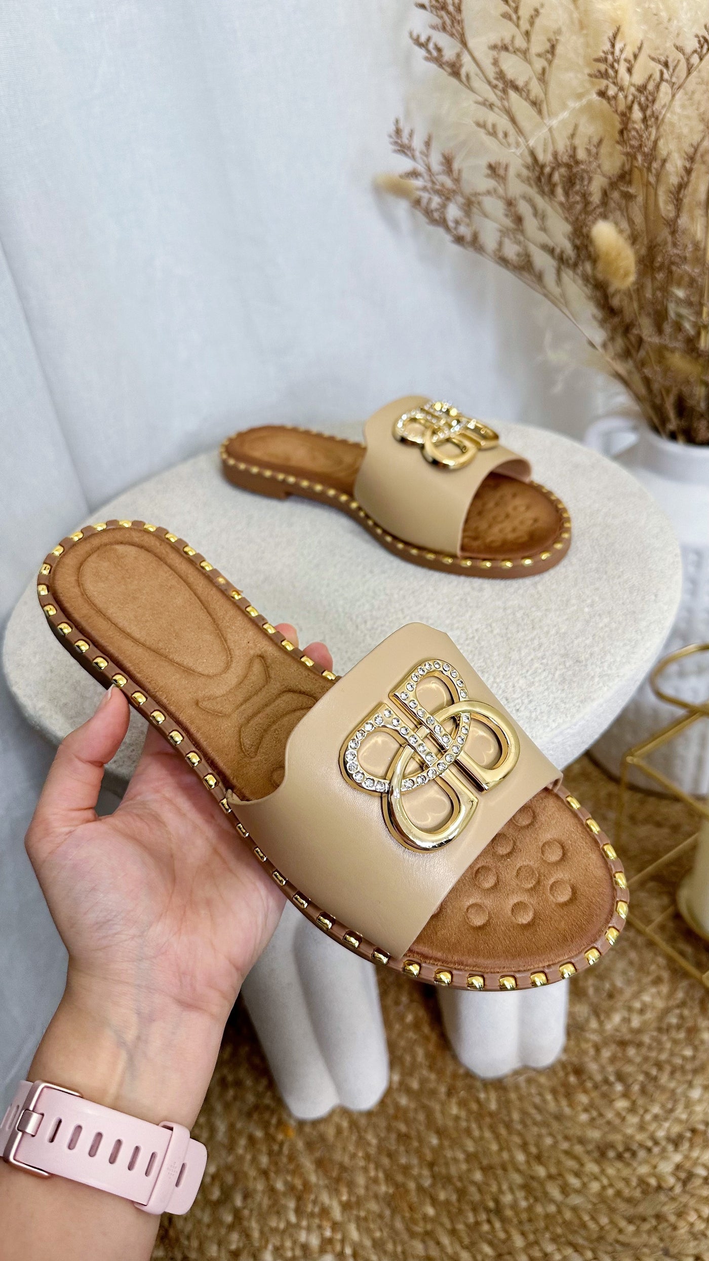 Gold Studded Diamante Sliders - TAUPE