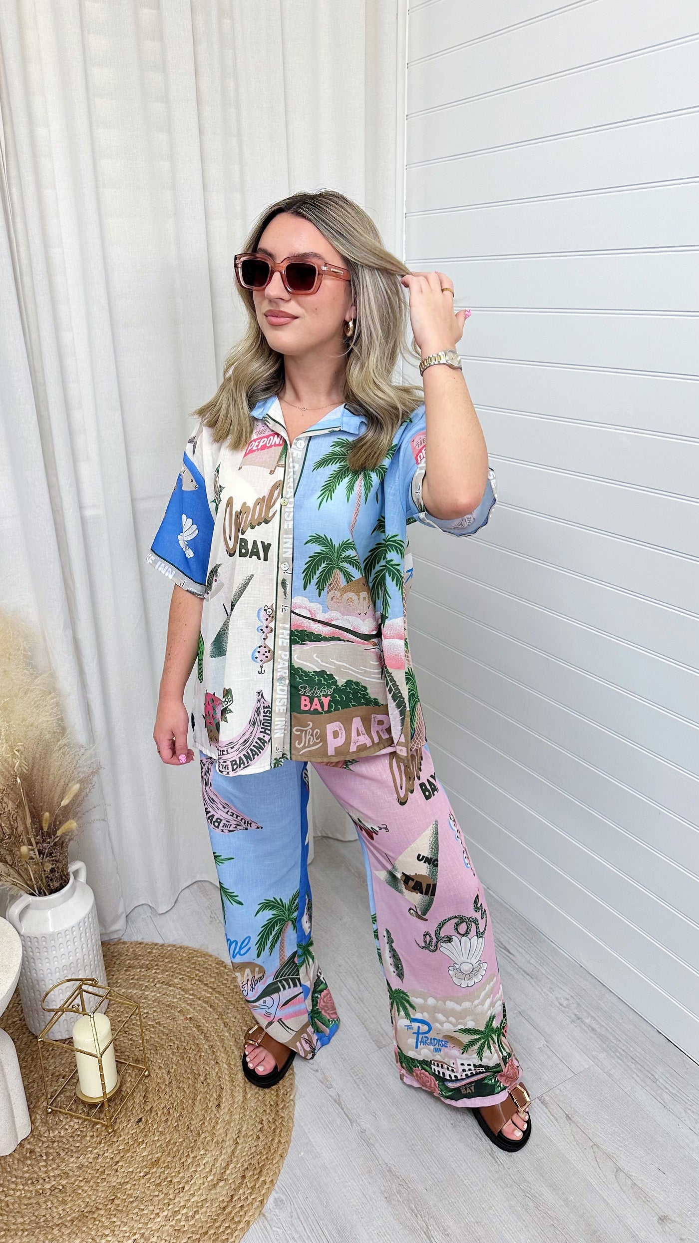 Palm Print Shirt and Trousers Co-Ord - BLUE/PINK