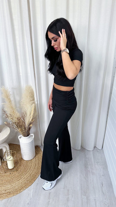 Ribbed Crop Top and Fold Over Flares Co-Ord - BLACK