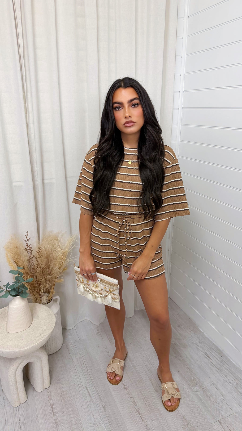 Waffle Stripe Crop Top and Shorts Co-Ord - TAN