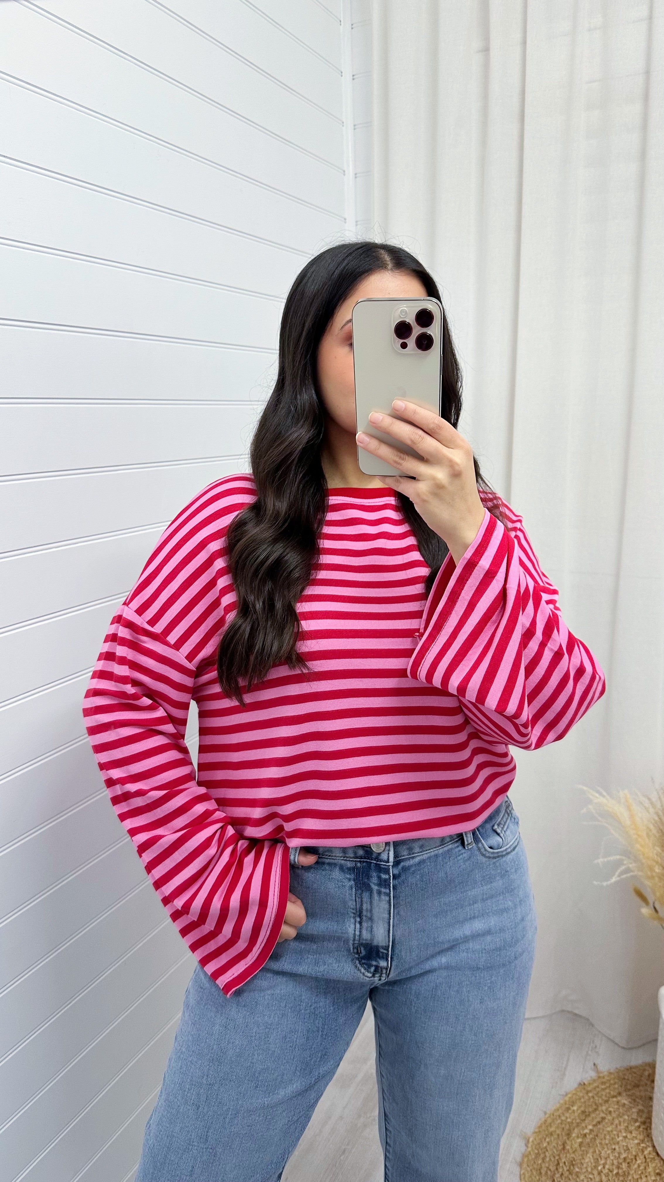 Baggy Stripe Long Sleeve T-Shirt - RED/CANDY PINK