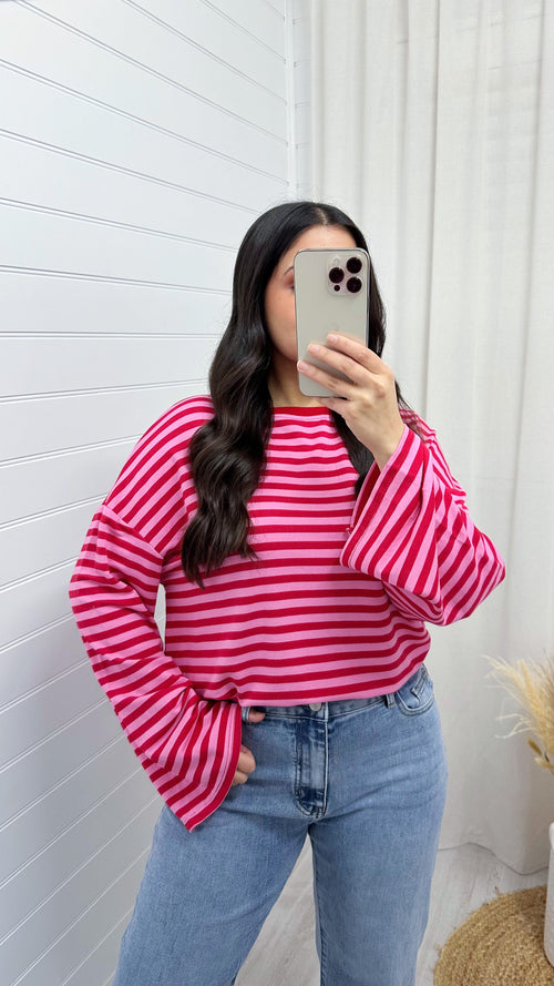 Baggy Stripe Long Sleeve T-Shirt - RED/CANDY PINK