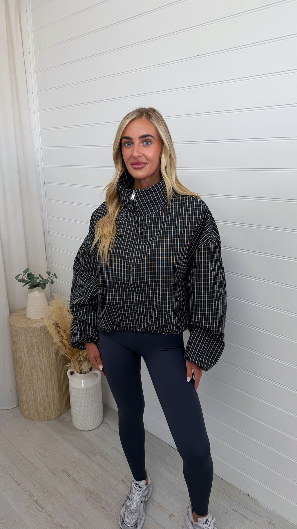 High Neck Check Bomber Jacket - BLACK
