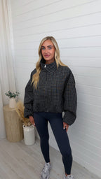 High Neck Check Bomber Jacket - BLACK