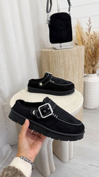 Buckle Strap Faux Fur Loafers - BLACK