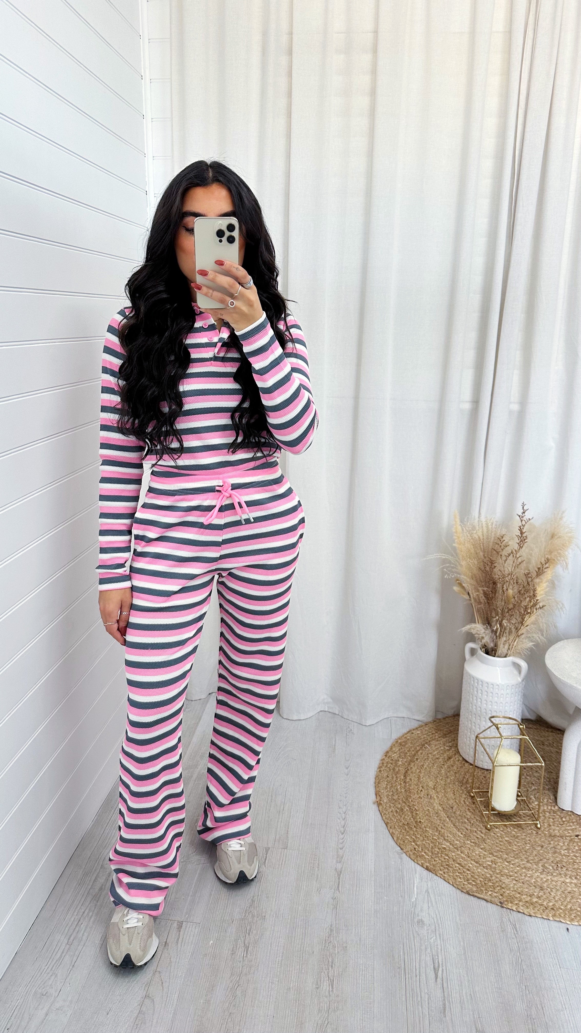 Woven Knit Stripey Top and Trousers Co-Ord - PINK/GREY