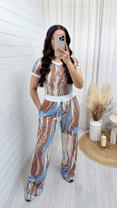 Marble Ribbed White Trim Crop Top and Trouser Co-Ord - BLUE/BEIGE