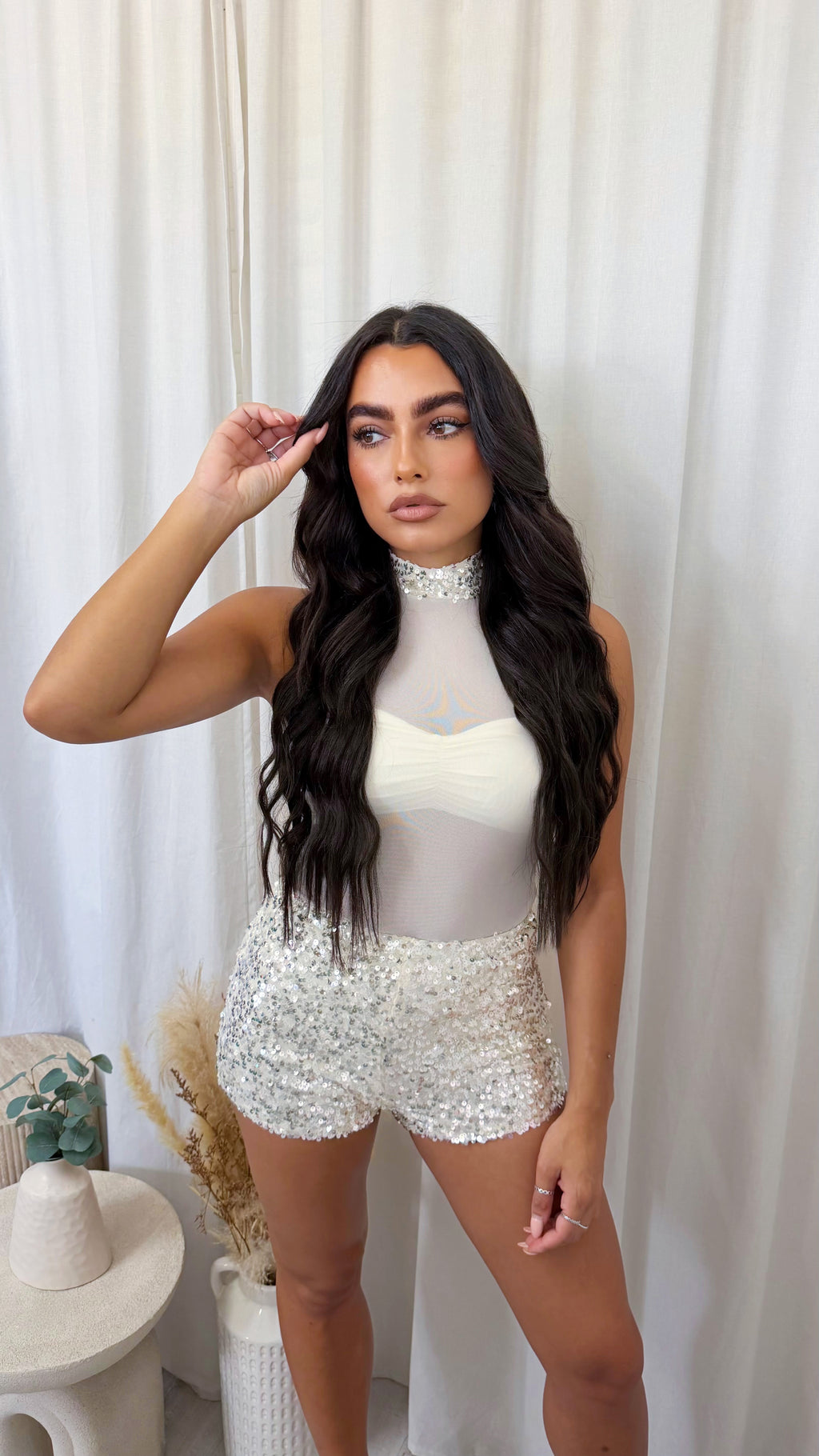 3 Piece Sequin Mesh Bodysuit, Bralette and Shorts Co-Ord - WHITE
