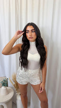 3 Piece Sequin Mesh Bodysuit, Bralette and Shorts Co-Ord - WHITE