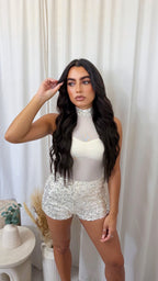 3 Piece Sequin Mesh Bodysuit, Bralette and Shorts Co-Ord - WHITE