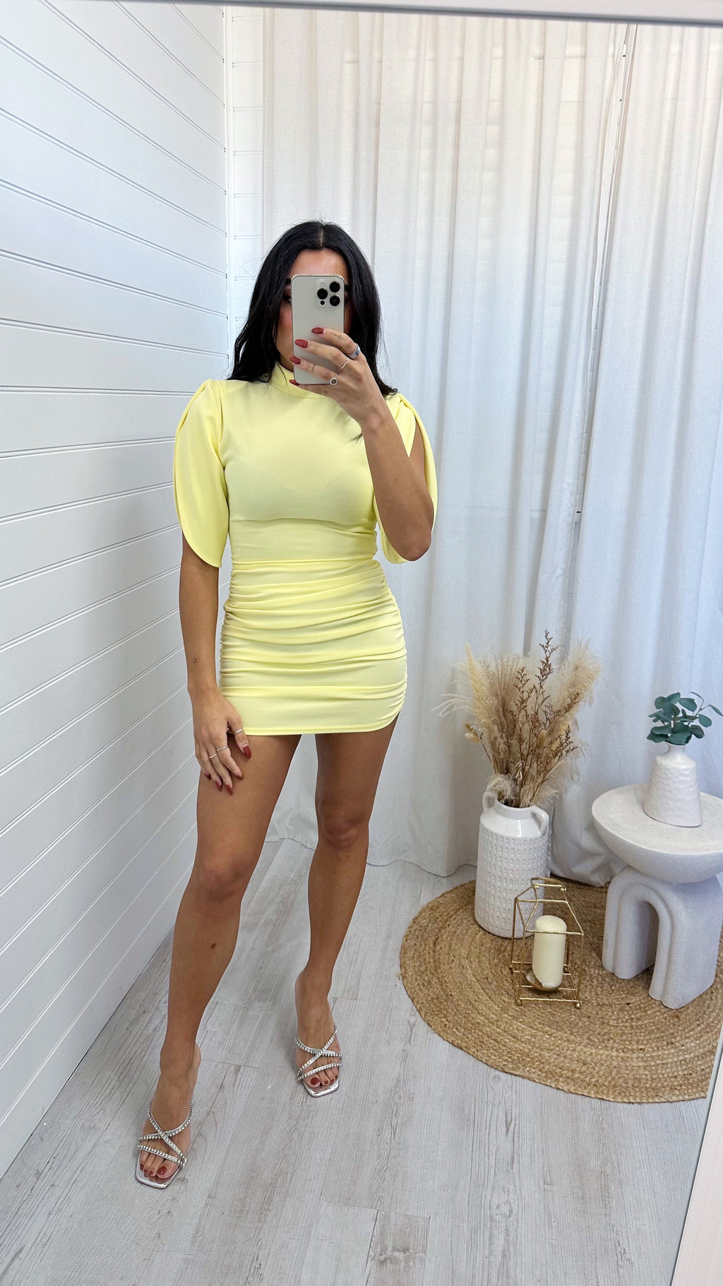 Ruched Shoulder Padded Mini Dress - LEMON