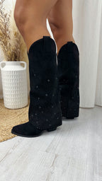 Black Stud Knee High Fold Over Cowboy Boots - BLACK