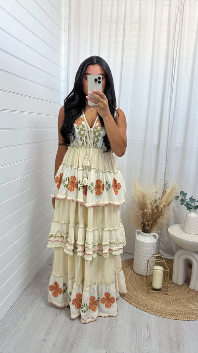 Floral Embellished Frill Maxi Dress - CREAM