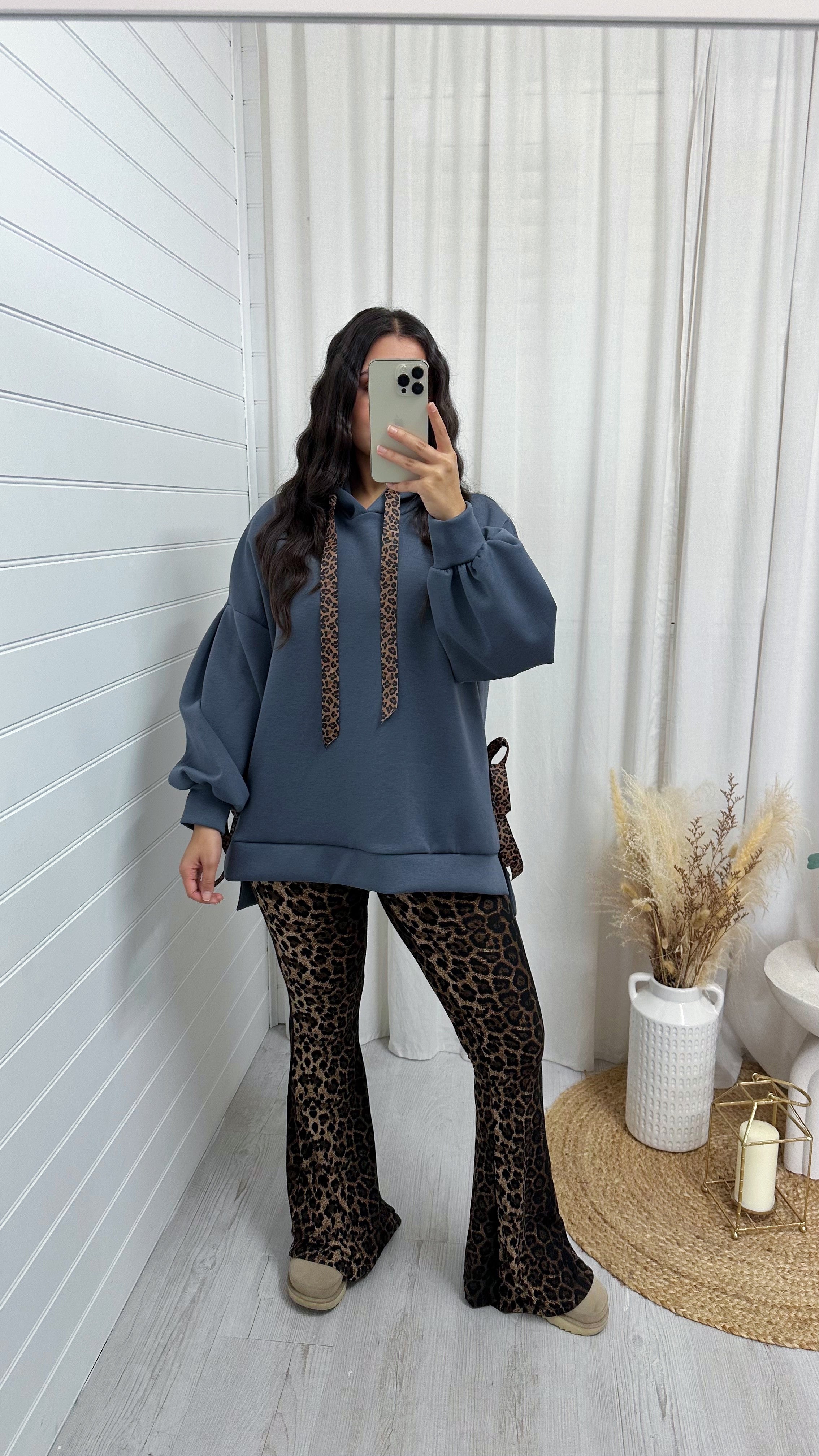 Leopard Print Ribbon Side Slit Hoodie - CHARCOAL