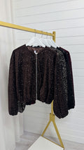 Balloon Sleeve Sequin Bomber Jacket - BROWN