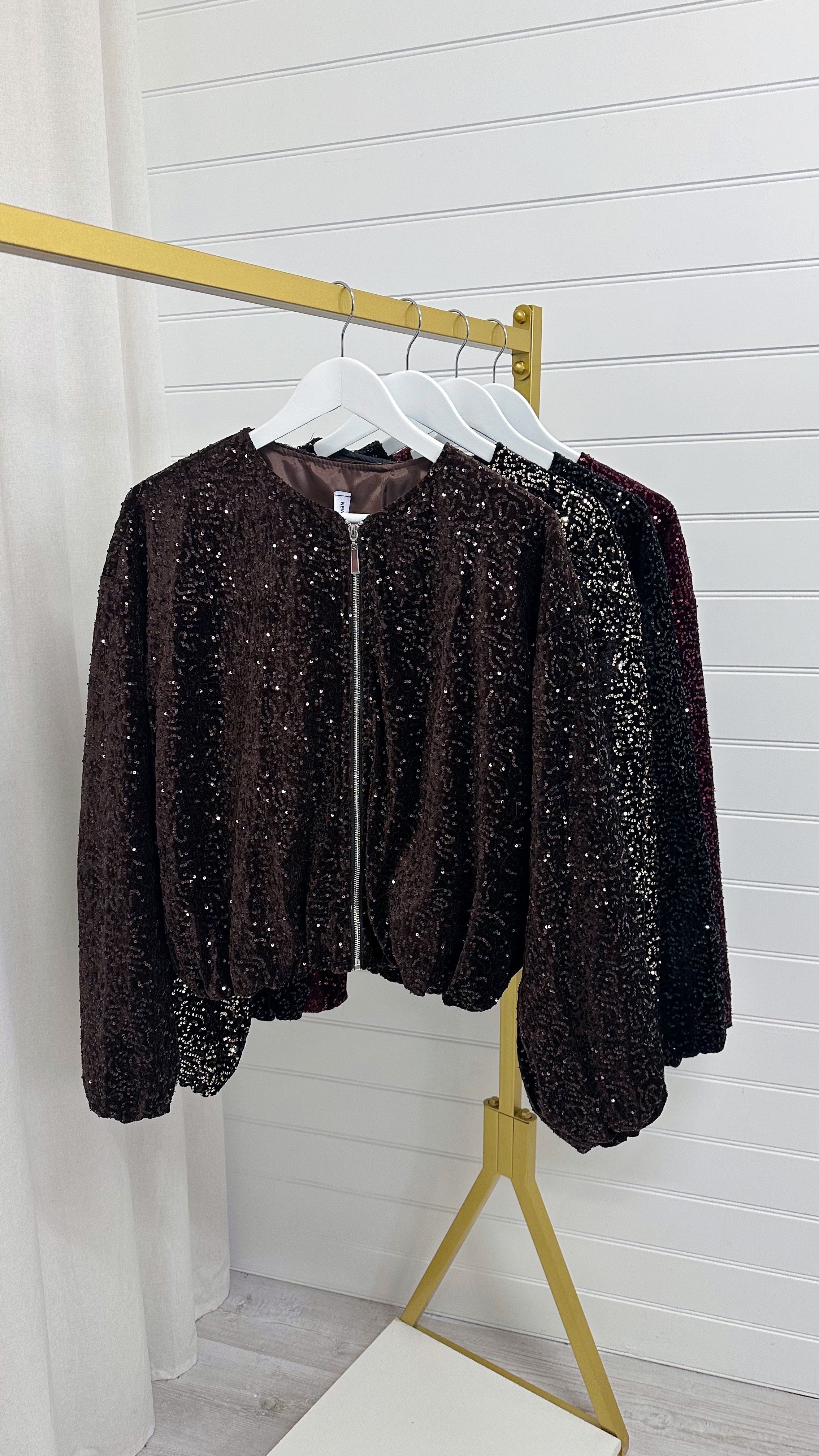 Balloon Sleeve Sequin Bomber Jacket - BROWN