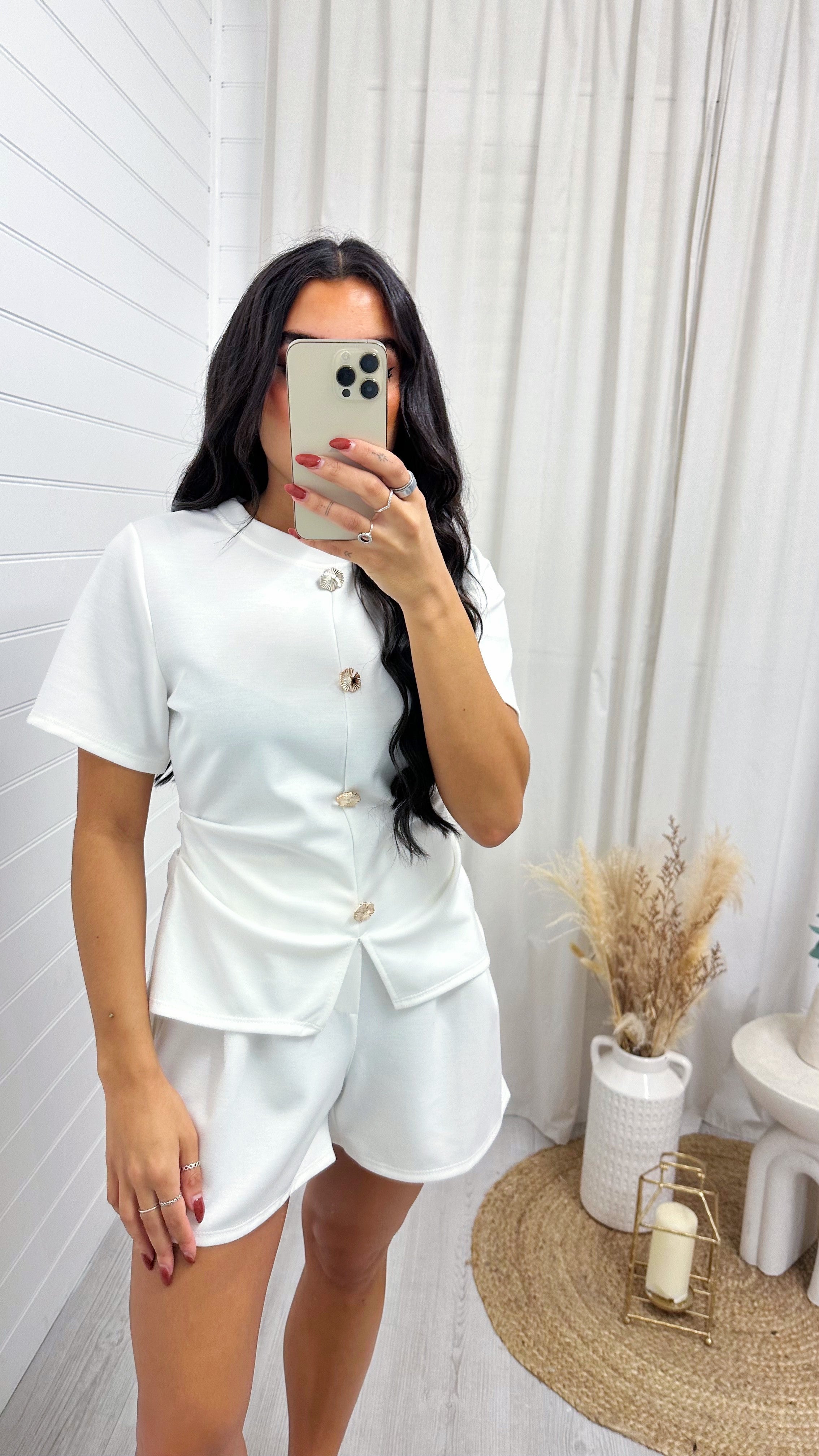 Cinched Gold Button Top and Shorts Co-Ord - WHITE