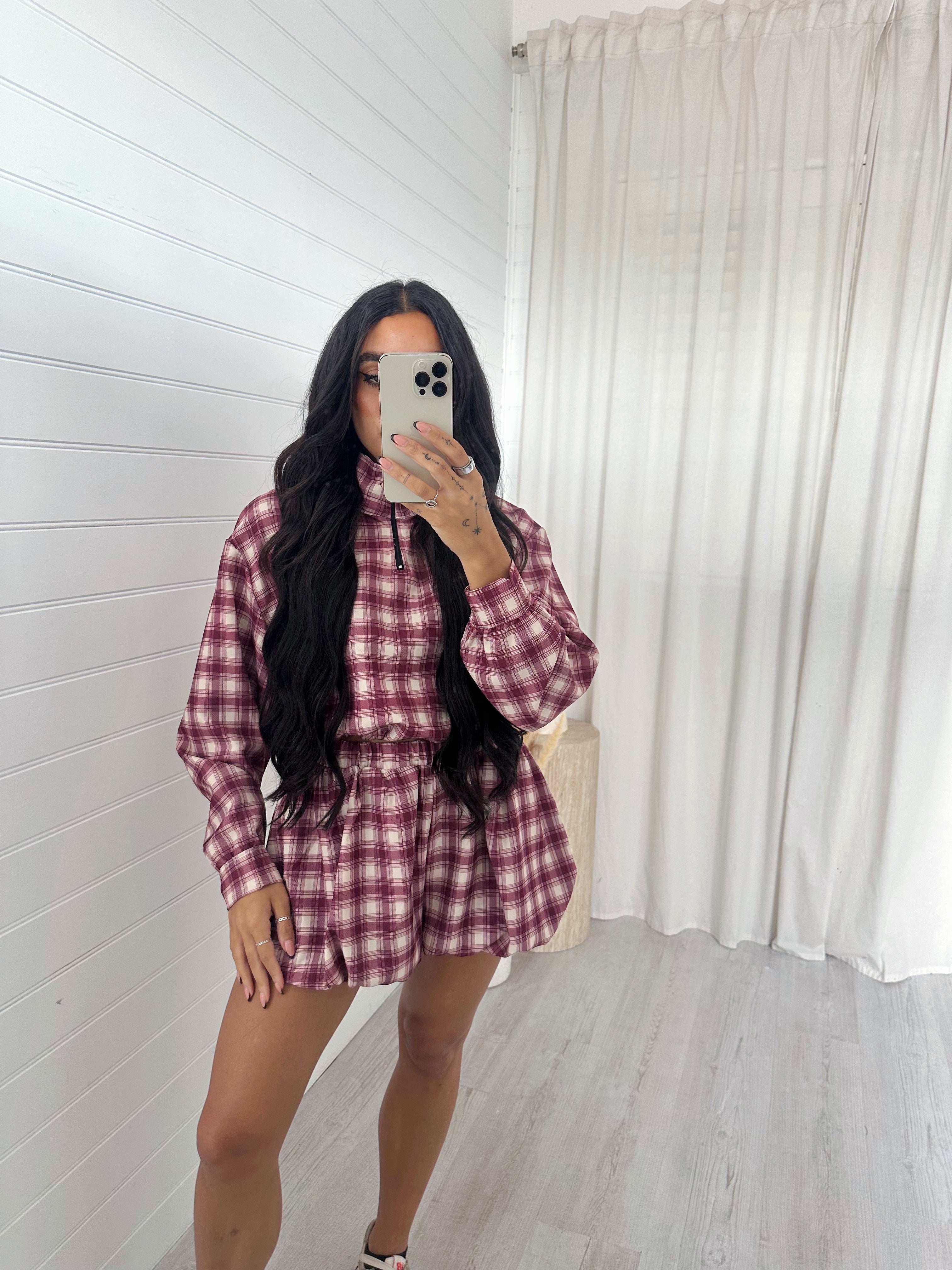 Check Short Co-ord - BURGUNDY
