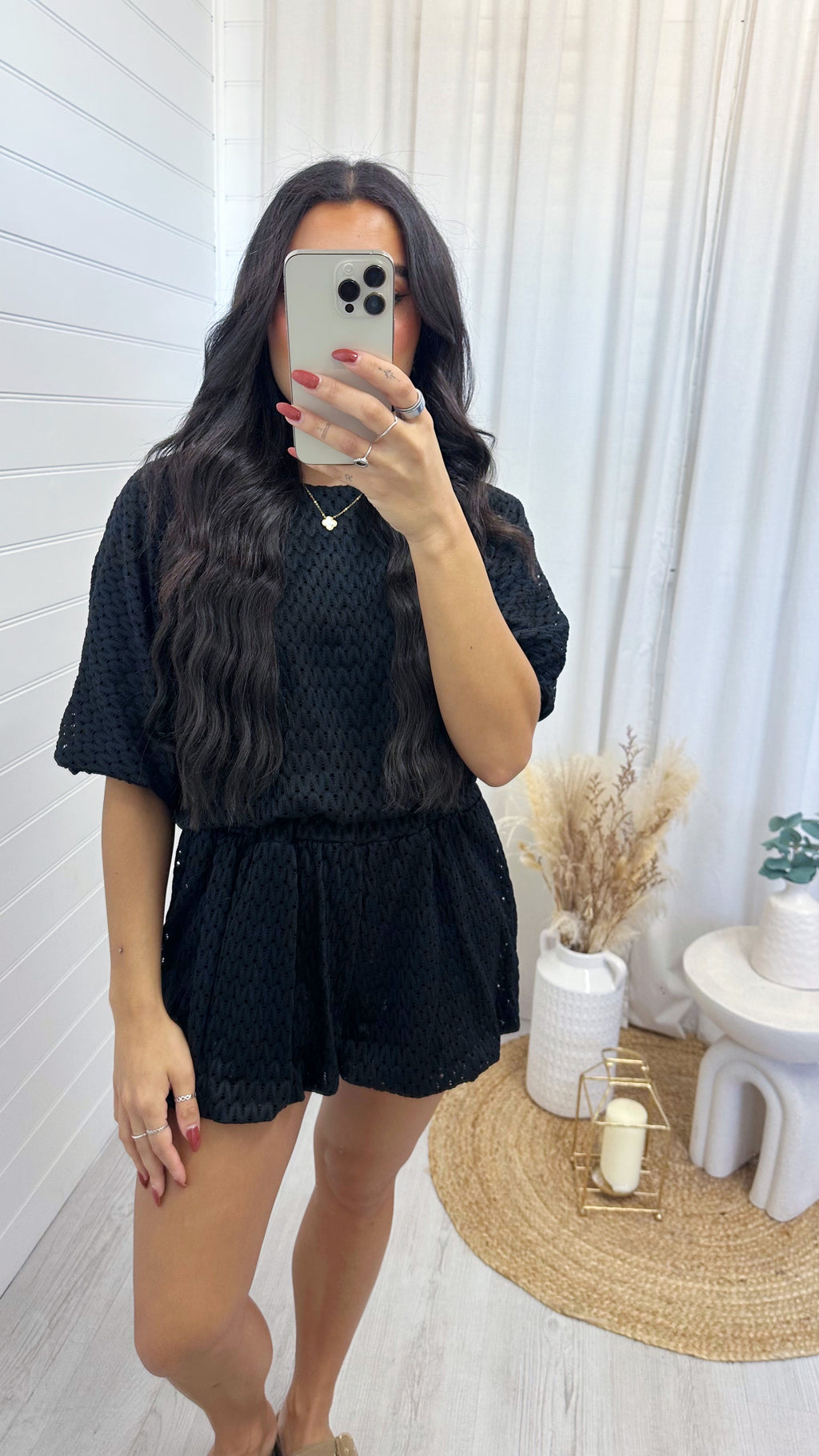 Laser Cut Mesh Balloon Top and Shorts Co-Ord - BLACK