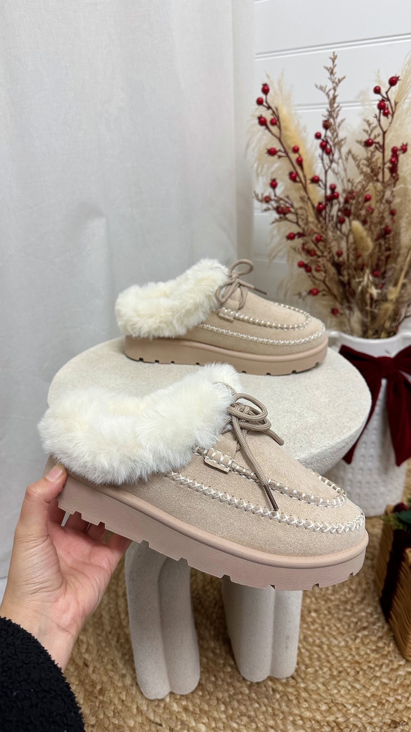 Fur Lined Embroidered Mules - LIGHT BEIGE
