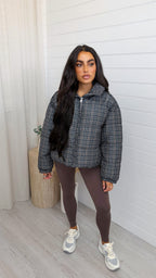 Check Puffer Jacket - NAVY/BROWN
