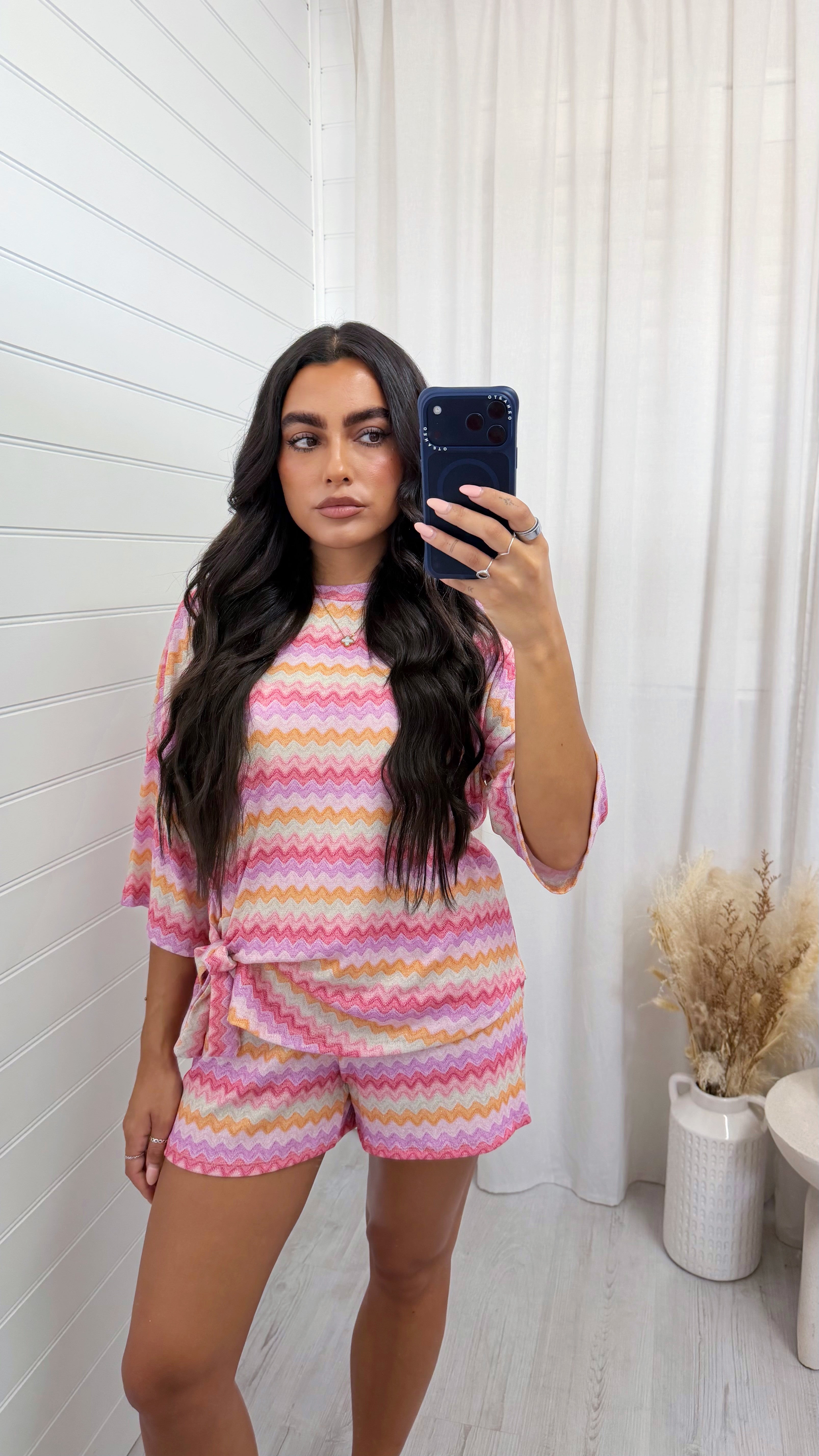 Zig Zag Tie Front T-Shirt and Shorts Co-Ord - PINK/ORANGE