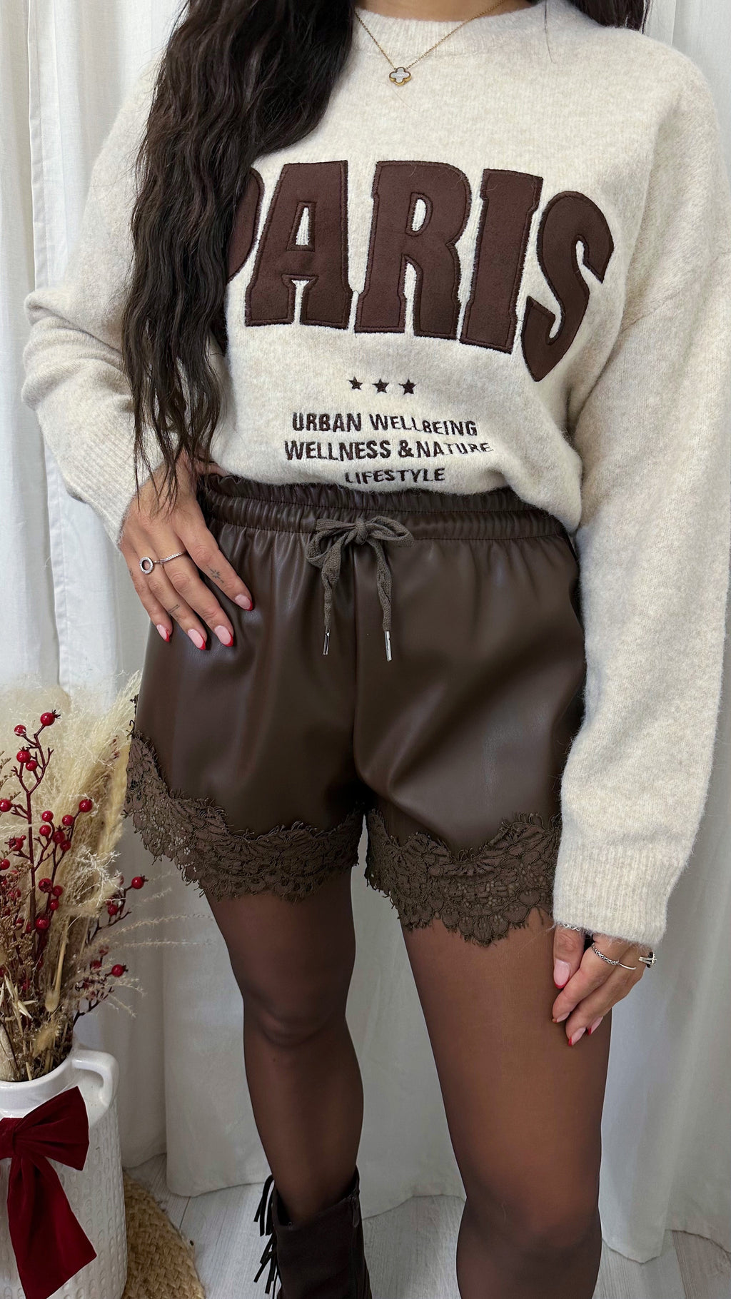 Lace Trim PU Shorts - BROWN