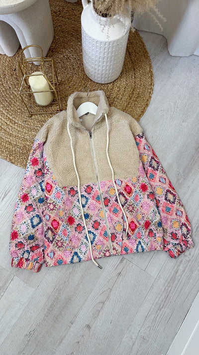 Moroccan Print Teddy Fur Bomber Jacket - PINK