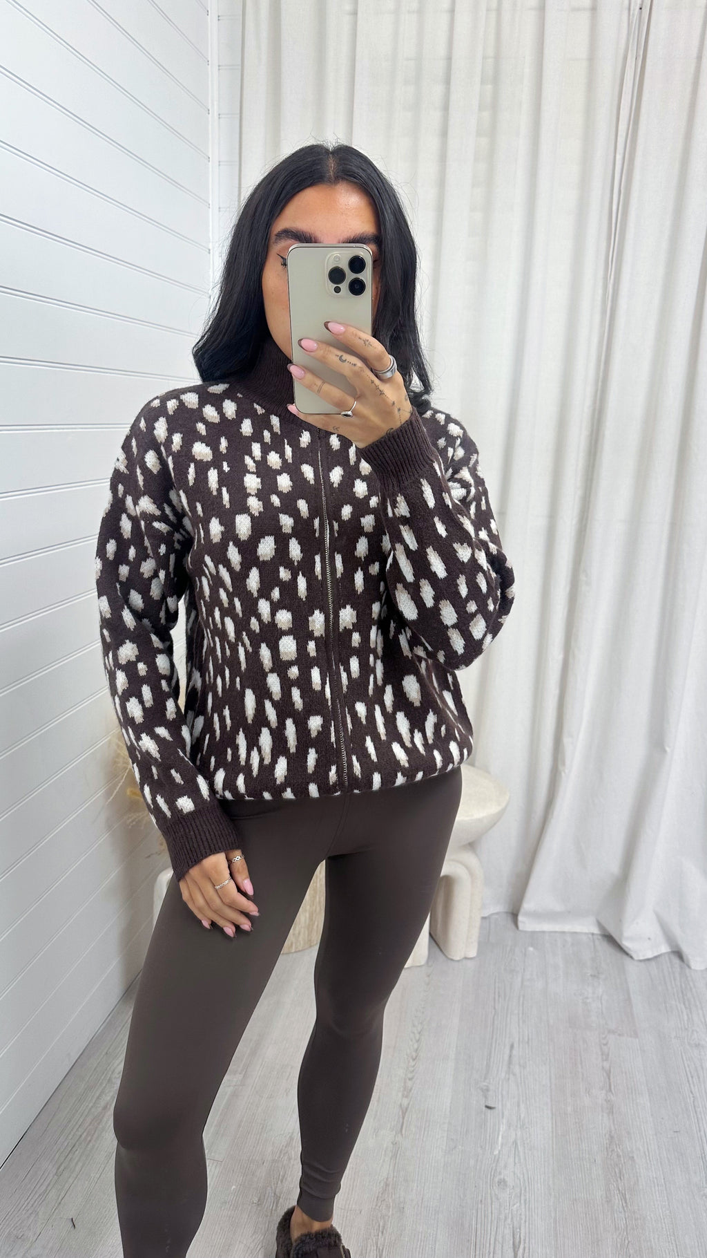 Deer Print Knitted Jacket - BROWN