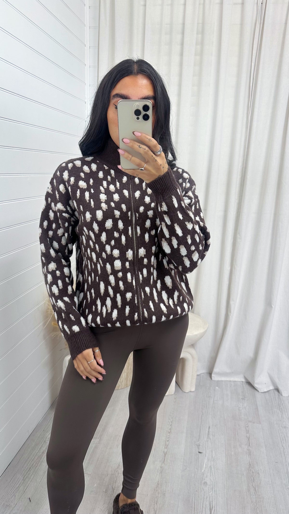Deer Print Knitted Jacket - BROWN