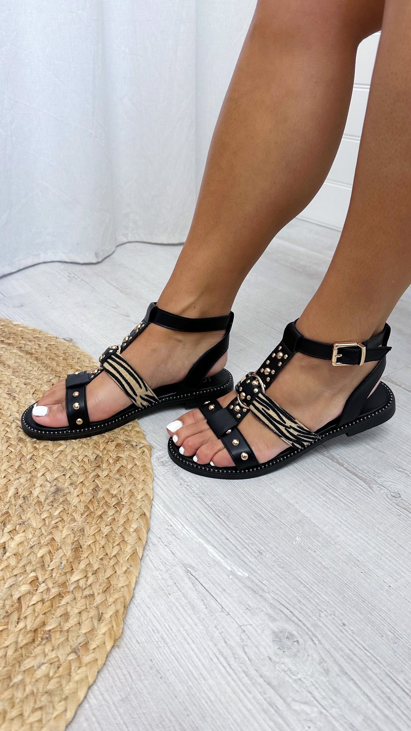 Gold Stud Animal Print Sandals - BLACK